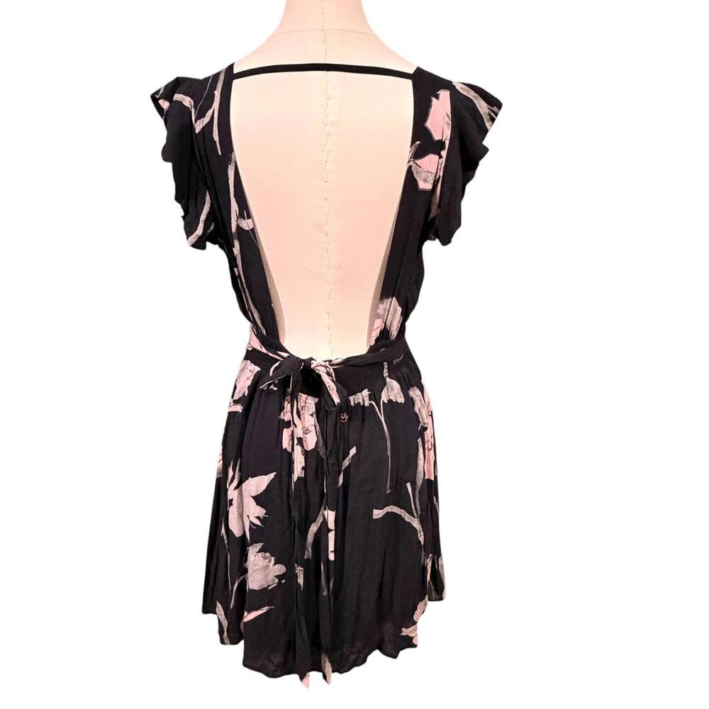 Maaji Floral V-Neck Backless Mini Dress Black Pink Ruffle Sleeve Size Medium - Picture 4 of 15